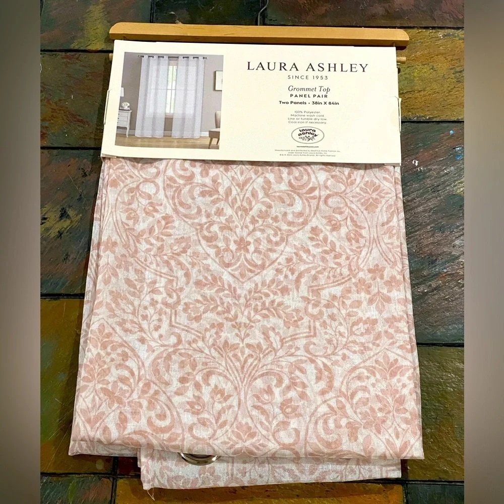Laura Ashley Grommet Top Taupe White Floral Sheer Curtain Panel Pair 38
